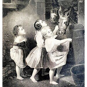 Merry Children On A Farm With Horse Steel Engraving 1859 Victorian DWY5C